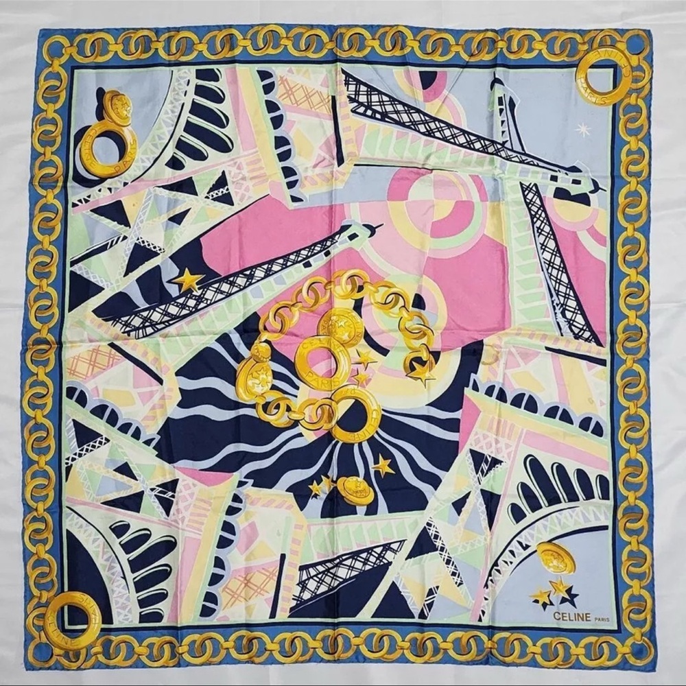 Celine Pink and Blue Geometric Silk Scarf